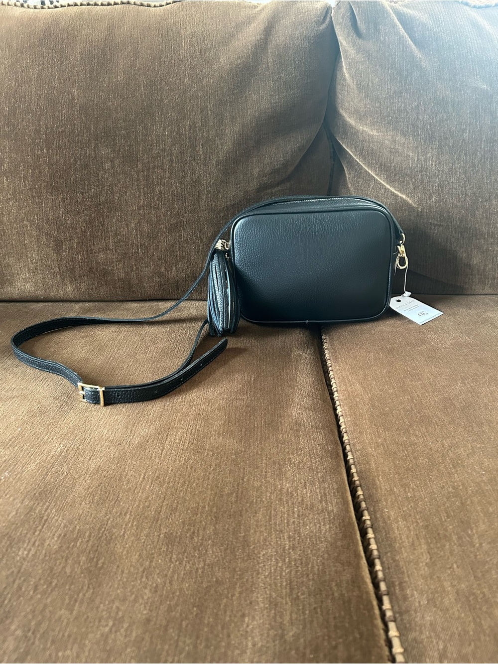 Black Leather Crossbody Bag with Tassle and Gold Hardware
